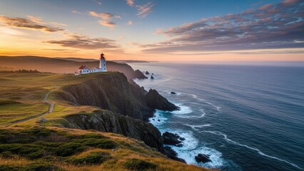 Serene coastal lighthouse at sunset with rugged cliffs and ocean waves