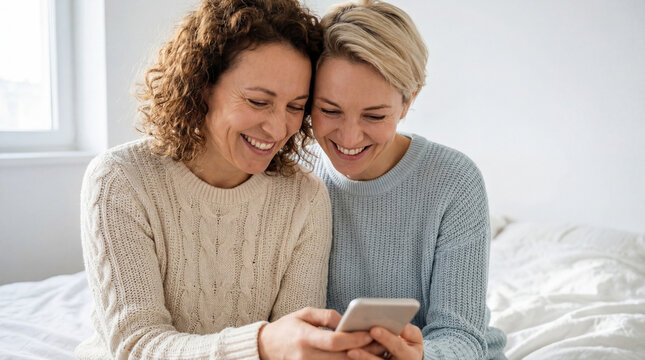 Happy lesbian couple sharing content on smartphone - Powered by Adobe
