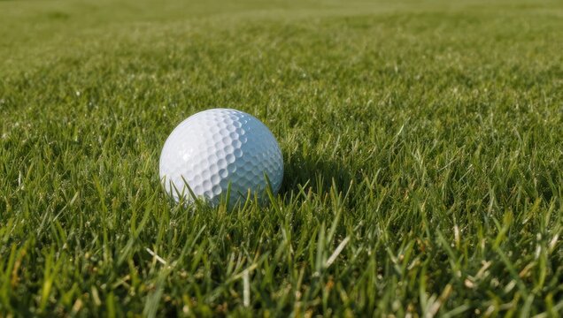 Golf ball resting on a lush green golf course fairway.