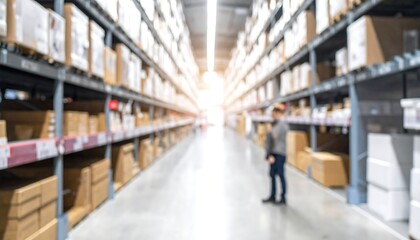 Fototapeta premium Blurred warehouse with shelved boxes stretching into bright distance with a figure in the aisle