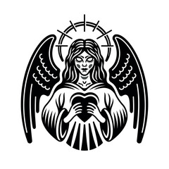 Black and white angel illustration in a vintage tattoo style, featuring a serene female angel with wings, halo, and heart symbolizing love, faith, and protection