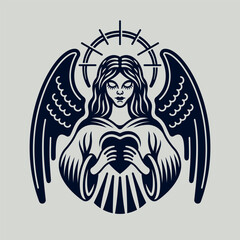 Black and white angel illustration in a vintage tattoo style, featuring a serene female angel with wings, halo, and heart symbolizing love, faith, and protection