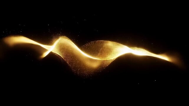 Abstract flowing golden light wave on dark background with smooth motion and glowing particles. Concept of luxury energy and digital elegance