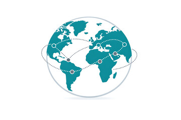 Global network map with dashed connection lines on a white background