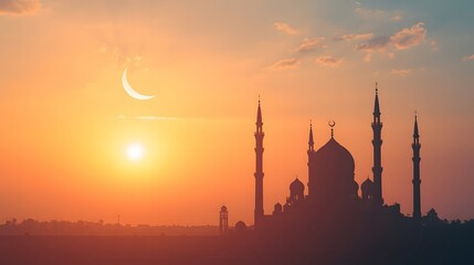 Golden sunset embraces a grand mosque's silhouette, featuring elegant minarets and a serene crescent moon, symbolizing spiritual tranquility and cultural heritage