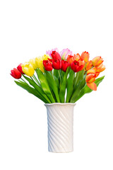Colorful tulip flowers bouquet in white ceramic vase isolated on white background. Fresh spring blossoms with red, yellow, pink and orange petals, elegant floral decoration for home, events or design.
