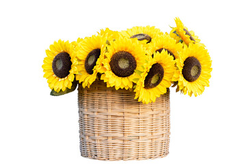 Bright sunflower bouquet arranged in natural wicker basket . Fresh yellow sunflowers symbolizing summer, happiness and positivity, ideal for decoration, design, celebration. PNG File