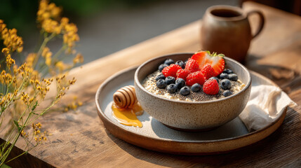 Healthy oatmeal bowl topped fresh berries, chia seeds, drizzle of honey. Delicious nutritious breakfast featuring hearty bowl of oatmeal garnished with vibrant strawberries, blueberries, raspberries