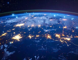 A breathtaking night view of Earth from space, with city lights twinkling across continents, and connecting network lines