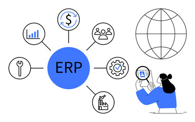 Fototapeta premium ERP system. ERP connects business operations thumbs up finance, tools, and data management. ERP enables global process optimization and business analysis. For operations, tech, finance, HR