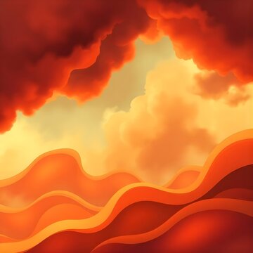 Fiery abstract landscape illustration featuring dramatic red clouds and rolling orange terrain