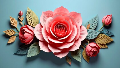 Paper-cut floral arrangement with layered petals and leafy accents