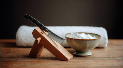 Vintage straight razor and shaving cream setup on a wooden tableю A classic straight razor rests on a wooden stand next to a bowl of shaving cream and a white towel