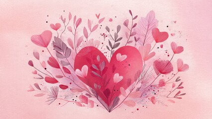 Romantic watercolor illustration featuring a large central heart surrounded by delicate pink and red botanical leaves and blossoms on a textured blush background, perfect for Valentines Day.