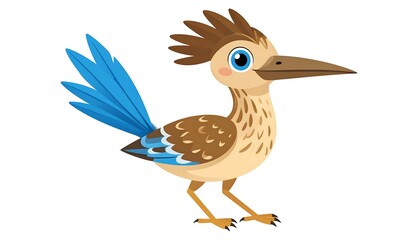 Obraz premium A cartoon-style illustration of a roadrunner bird with a brown body, blue tail feathers, and a spiky head crest
