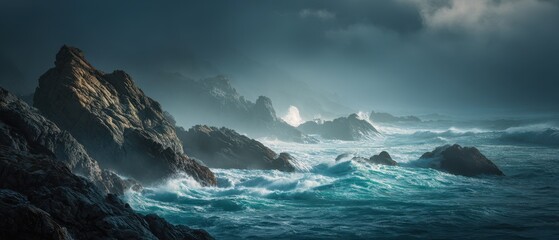 Rugged coastline with powerful turquoise waves crashing against dark cliffs under a dramatic sky