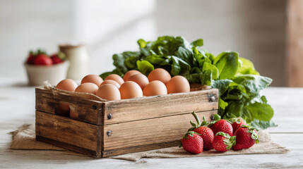Fresh farm eggs and strawberries in a rustic wooden crate with greens. A rustic wooden crate filled with brown eggs sits on a burlap cloth next to fresh strawberries and leafy greens