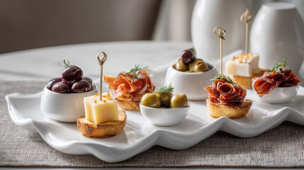 Gourmet tapas platter with cured meats, olives, and cheese on crostini. An elegant assortment of bite-sized appetizers featuring cured meats, briny olives, and creamy cheese atop toasted bread slices