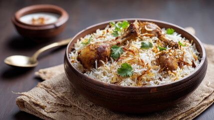 Delicious chicken biryani served in a rustic bowl with a side of yogurt and a golden spoon. A close-up shot of a flavorful chicken biryani, a popular rice dish, presented in a traditional clay bowl