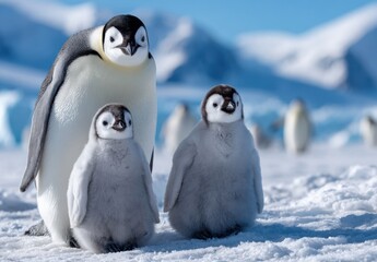 an emperor penguin with two baby emperor penguins, all standing on the snow-covered ground