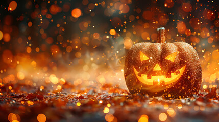 Glowing Jack-o'-Lantern with Bokeh Lights - Halloween Decoration and Festive Atmosphere