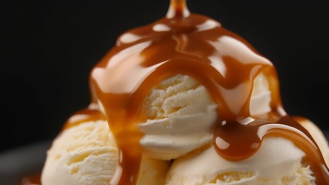 Close-up of a dessert with creamy scoops and flowing golden topping against a dark backdrop. The texture and detail create a visual feast