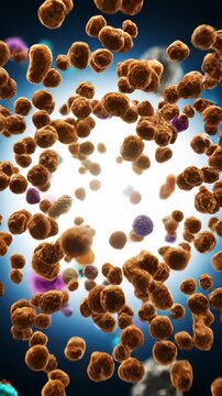 Microscopic View of Different Colored Cells Floating Against a Blue Background