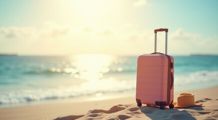 Suitcase on the beach with hat and hat on the sand