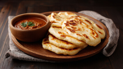Delicious Indian Butter Chicken with fluffy naan bread served on a wooden platter. A close-up shot of creamy butter chicken curry accompanied by freshly baked naan bread, perfect for satisfying meal