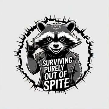 Raccoon in leather jacket with rocker hand gesture and spite text