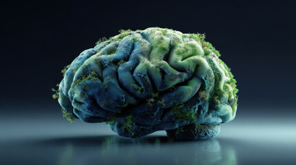 Decaying brain covered in moss and algae, symbolizing mental degradation and decay. A symbolic representation of decaying brain, overgrown with moss algae, illustrating concept of mental degradation