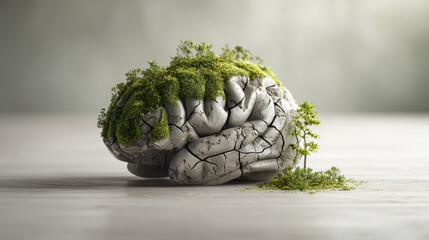 Cracked stone brain covered in moss and small trees symbolizing decay nature's reclamation. Stone brain model with deep cracks overgrown with moss saplings represents degradation of mental faculties