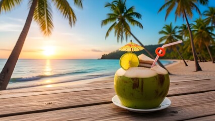 Obraz premium Enjoying a refreshing coconut drink on a tropical beach at sunset with palm trees