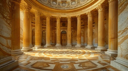 Grand Marble Hall with Classic Style Pillars and Intricate Floor Design for Architectural and Design Projects