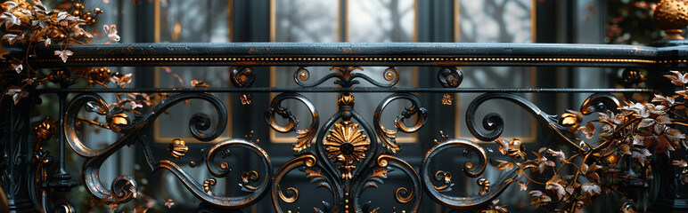 Ornate Victorian Balcony Railing with Intricate Design and Autumn Foliage