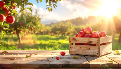 Freshly Picked Apples in a Wooden Crate on Table.