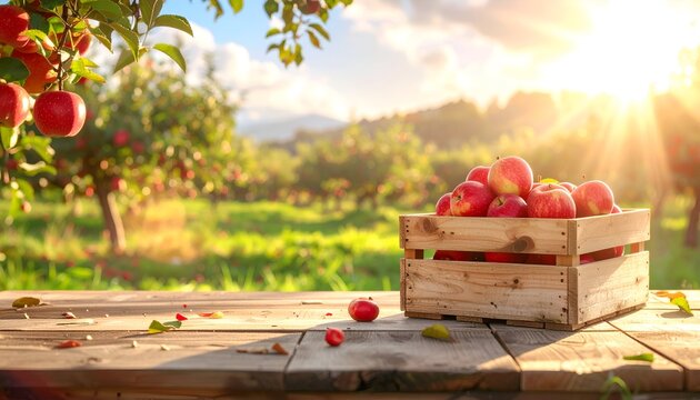 Freshly Picked Apples in a Wooden Crate on Table.