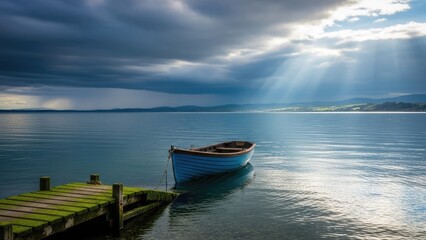 Serene lake scene with small blue boat on calm water