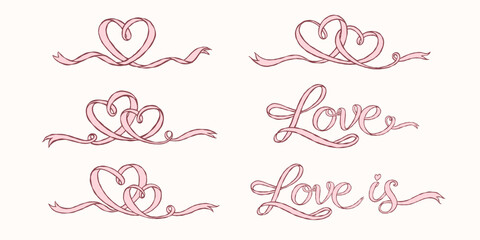 Hand drawn pink ribbon hearts and love lettering