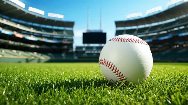 This vibrant, low angle close-up captures a pristine baseball waiting on the lush green field of a massive, sunny ballpark.