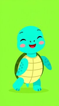 Adorable animated blue baby turtle character walking cheerfully with big eyes on green screen chroma key background ideal for kids storytelling apps. Vertical. Video. Portrait Orientation.