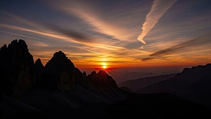 Sunset over majestic mountain range with vibrant orange sky
