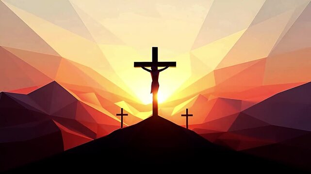Good friday a geometric depiction of the crucifixion of christ at calvary against a vibrant low poly sunset