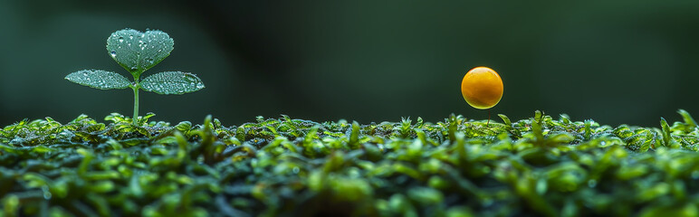 Nature Close-Up: Dewy Leaf and Floating Seed Amidst Lush Green Moss