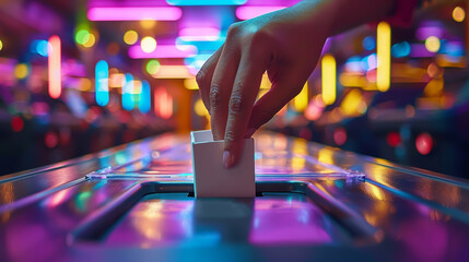 Vibrant Election: Colorful Hand-Casting Vote in Modern Polling Booth for Democratic Process