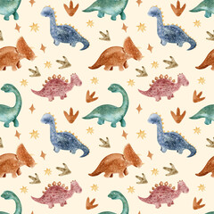 Seamless pattern with cartoon dinosaurs on a beige background. Drawn colored dinosaurs for children's room and textiles. Children's illustration
