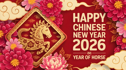 Elegant Chinese New Year 2026 Year of Horse graphic with flowers and clouds