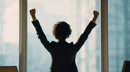 business professional celebrating success minimal office background soft light realistic style copy space
