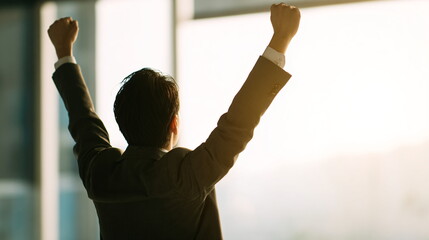 business professional celebrating success minimal office background soft light realistic style copy space