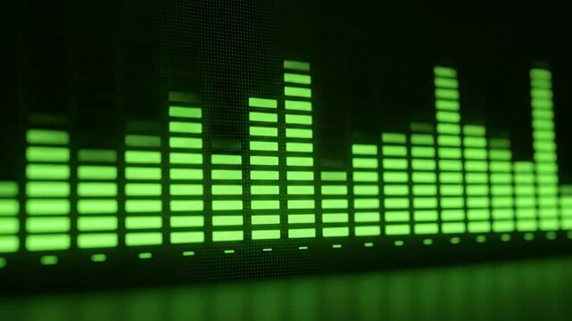 Bright green audio level meter graphic visualizes sound wave energy on a black screen.